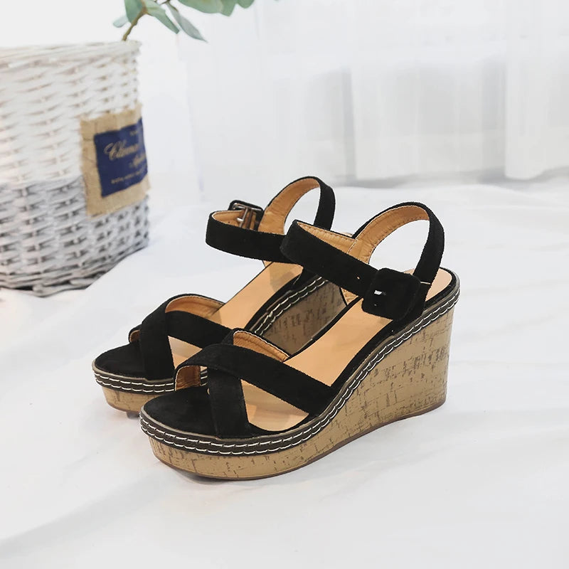 Wedge Sandals Peep Toe Buckle Shoes Platform Fashion