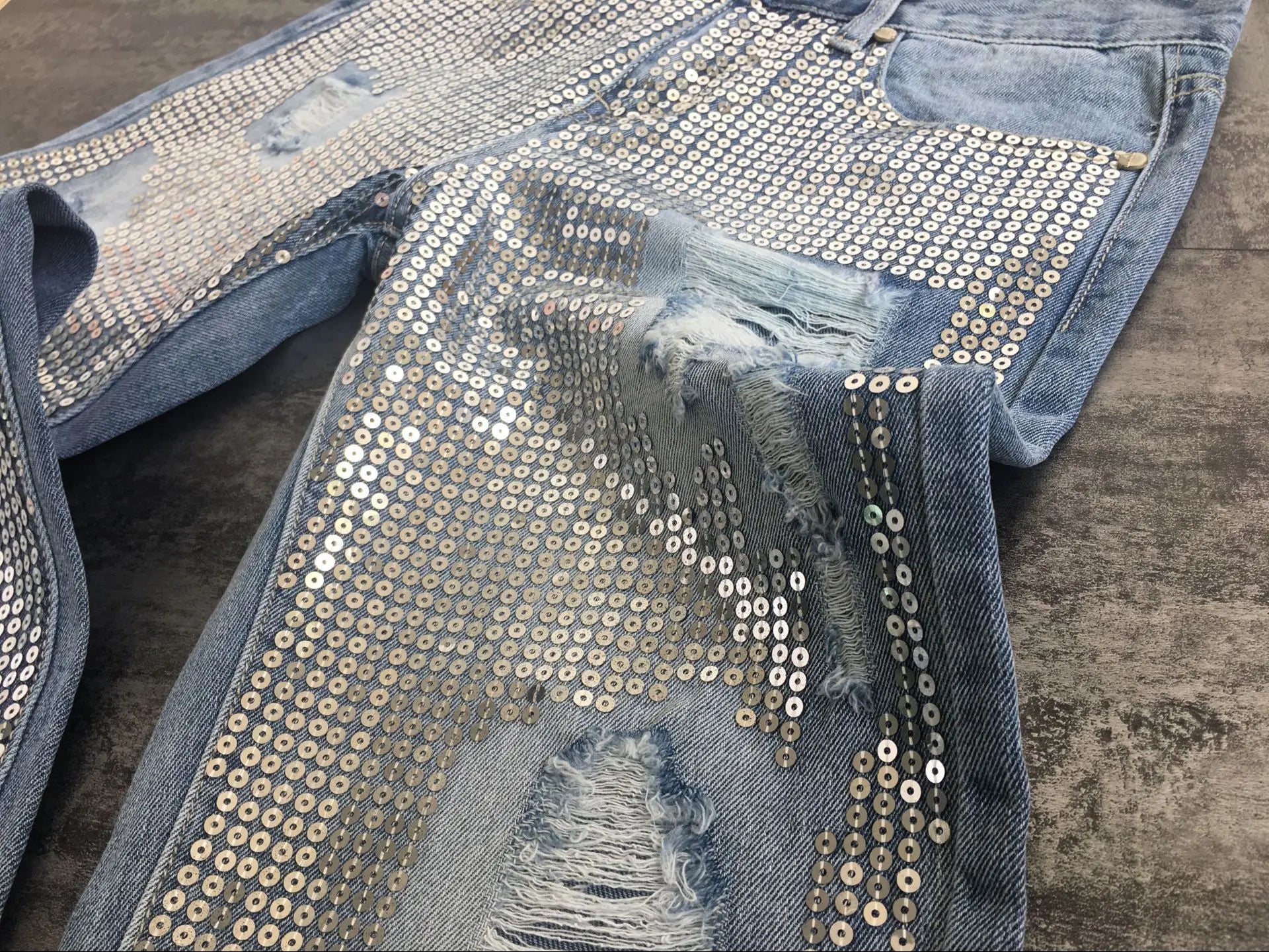 Sequin plus size vintage mid waist hole mom boyfriend ripped jeans