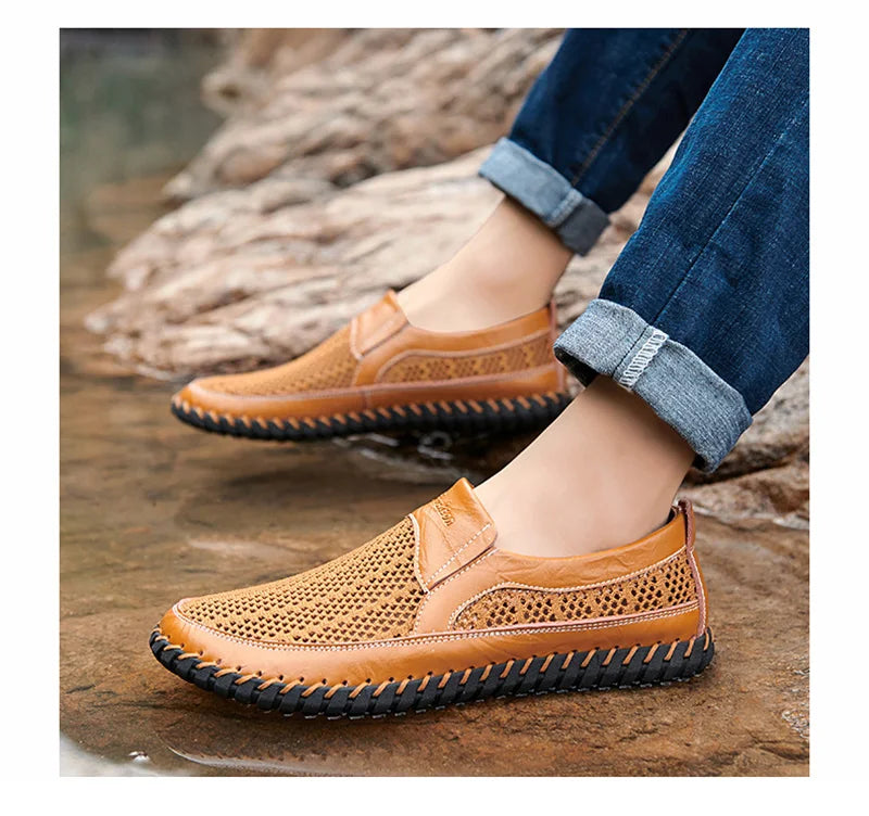 Summer Genuine Leather Men Flat Breathable Mesh Shoes