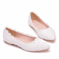 White Lace Pearls Women Wedding Shoes Heel Casual