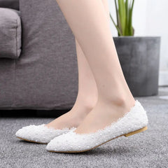 White Lace Pearls Women Wedding Shoes Heel Casual