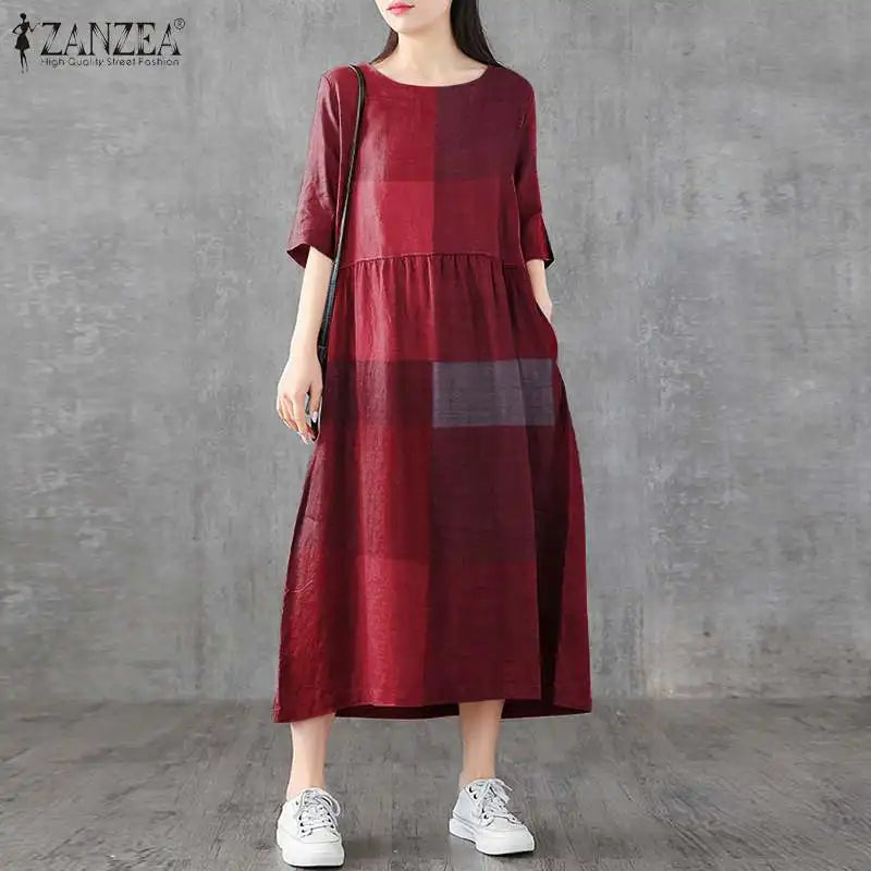 Summer Midi Female Vintage Plaid Check Casual Linen Dresses