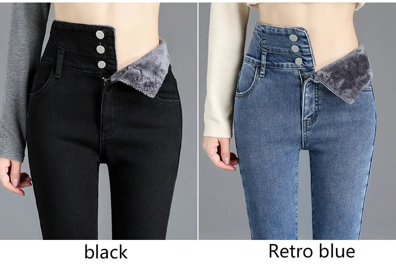 Thick Fleece High-waist Warm Skinny Jeans Stretch Button