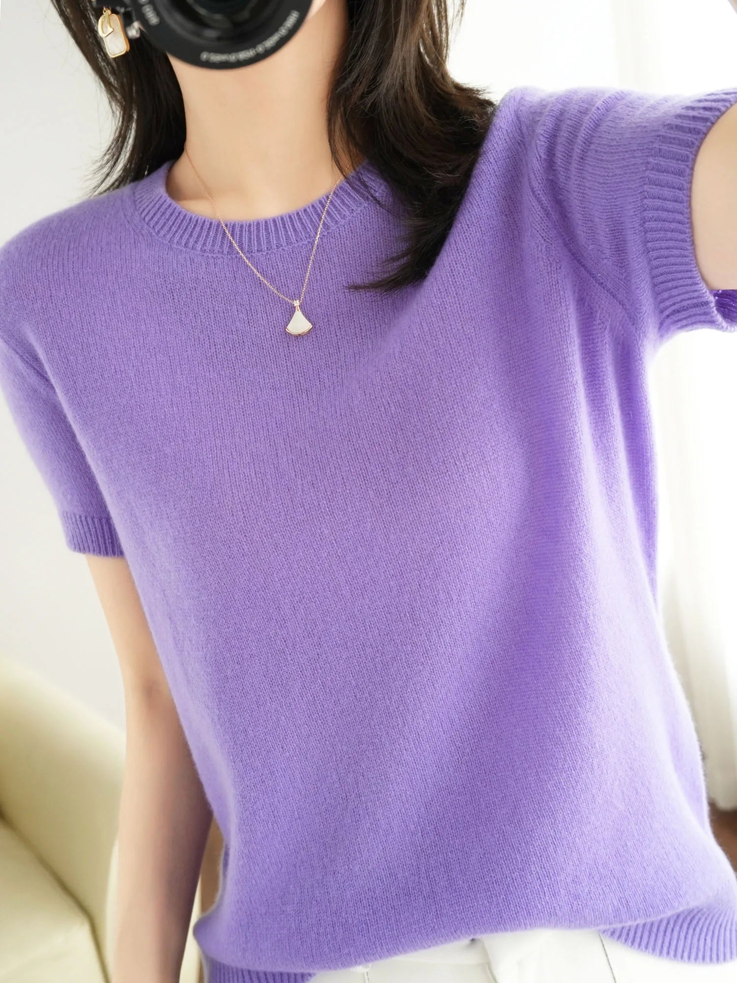 Short-sleeved Knitwear Women O-neck T-shirt Blend Pullover Sweater