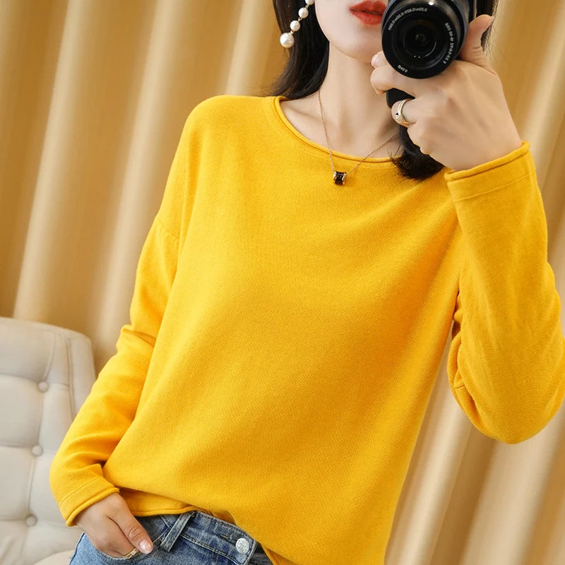 Knit Sweater Crimped Edge O-Neck Pullover Tops Clothes