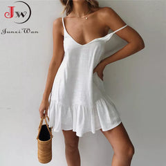 Summer Dress Solid V-Neck Ruffled Spaghetti Strap Mini Casual