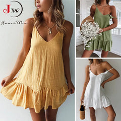 Summer Dress Solid V-Neck Ruffled Spaghetti Strap Mini Casual