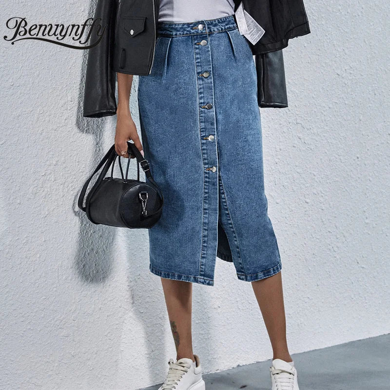 Single Breasted Knee Length Denim Skirt Streetwear Casual