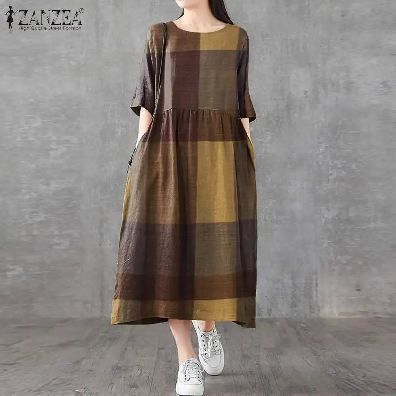 Summer Midi Female Vintage Plaid Check Casual Linen Dresses