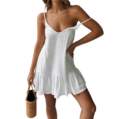 Summer Dress Solid V-Neck Ruffled Spaghetti Strap Mini Casual