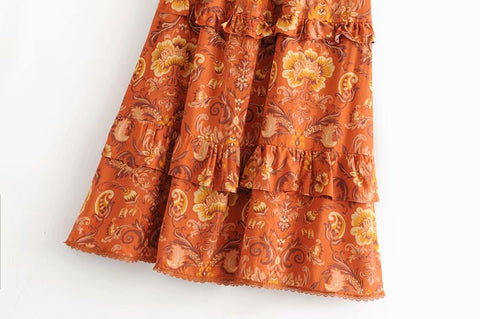Boho Hippie Floral Print Ruffles High Elastic Waist Maxi A-Line  Skirt