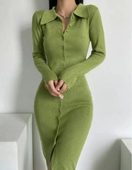 Single-Breasted Buttons Bodycon Dresses Midi Slit Long Sleeve Sweater