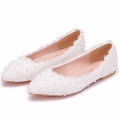 White Lace Pearls Women Wedding Shoes Heel Casual