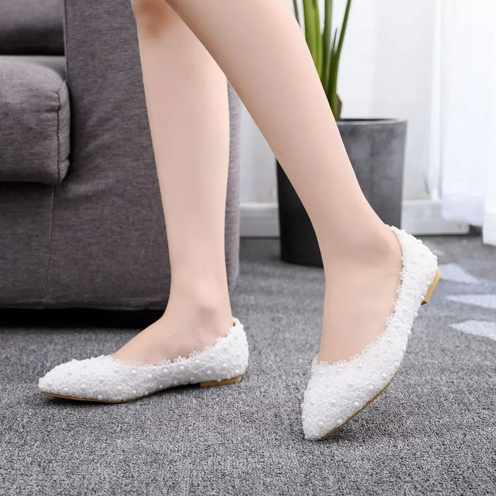 White Lace Pearls Women Wedding Shoes Heel Casual