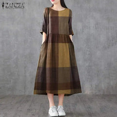 Summer Midi Female Vintage Plaid Check Casual Linen Dresses