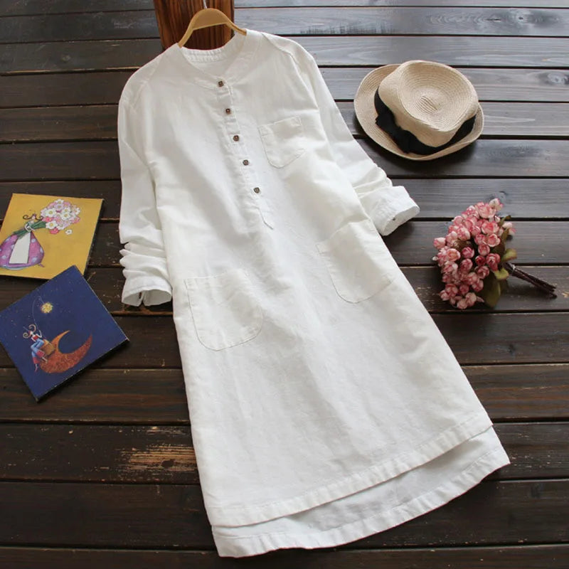 Vintage Long Sleeve Buttons Cotton Mini Shirt Dresses