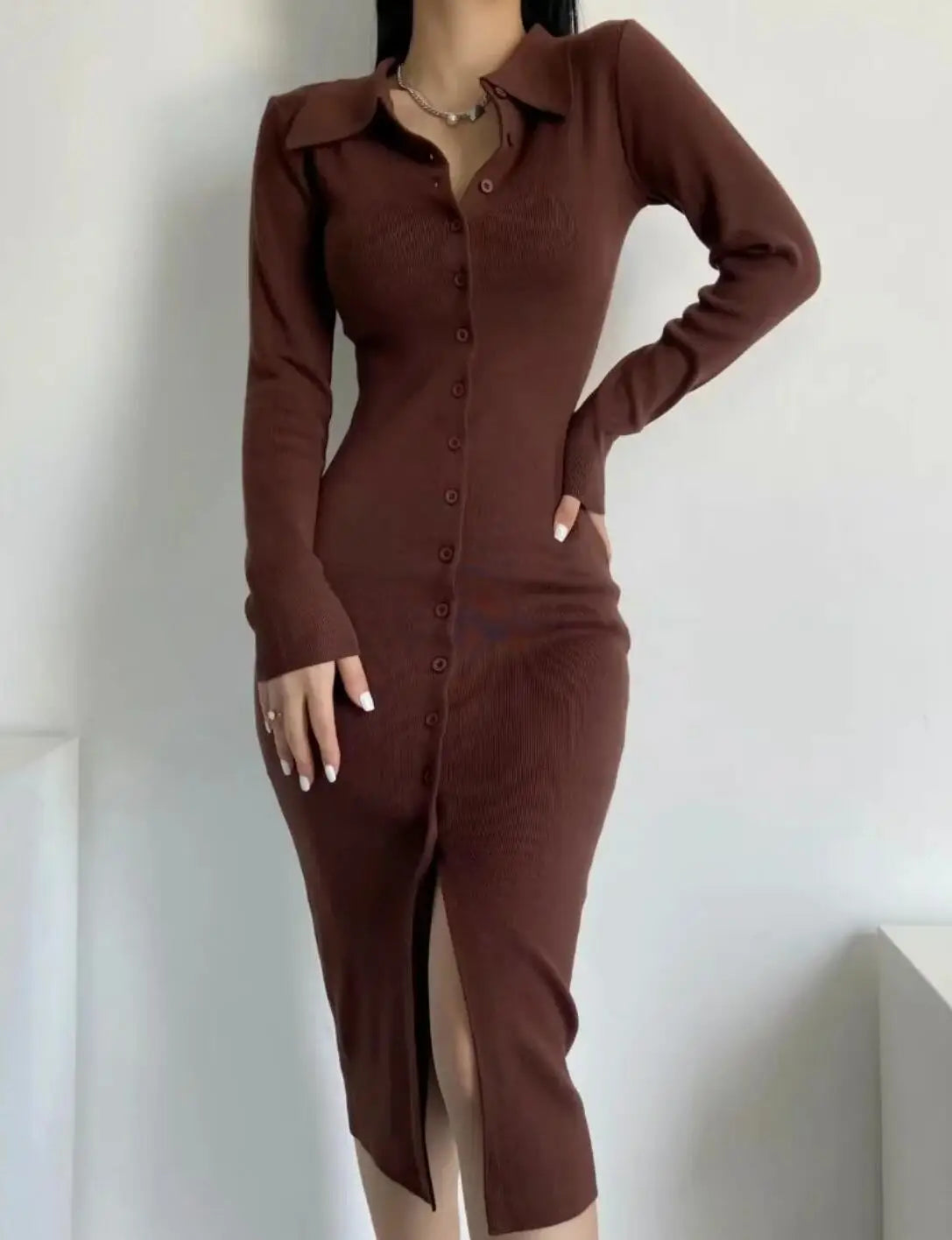 Single-Breasted Buttons Bodycon Dresses Midi Slit Long Sleeve Sweater