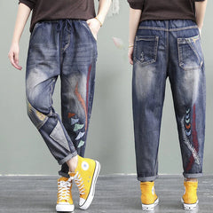 Elastic Waist Jeans Retro Jeans Female Girl Patch Pocket Embroidery