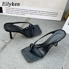 Slipper High Heels Shoes  Square Head Toe Clip-On Women Sandals