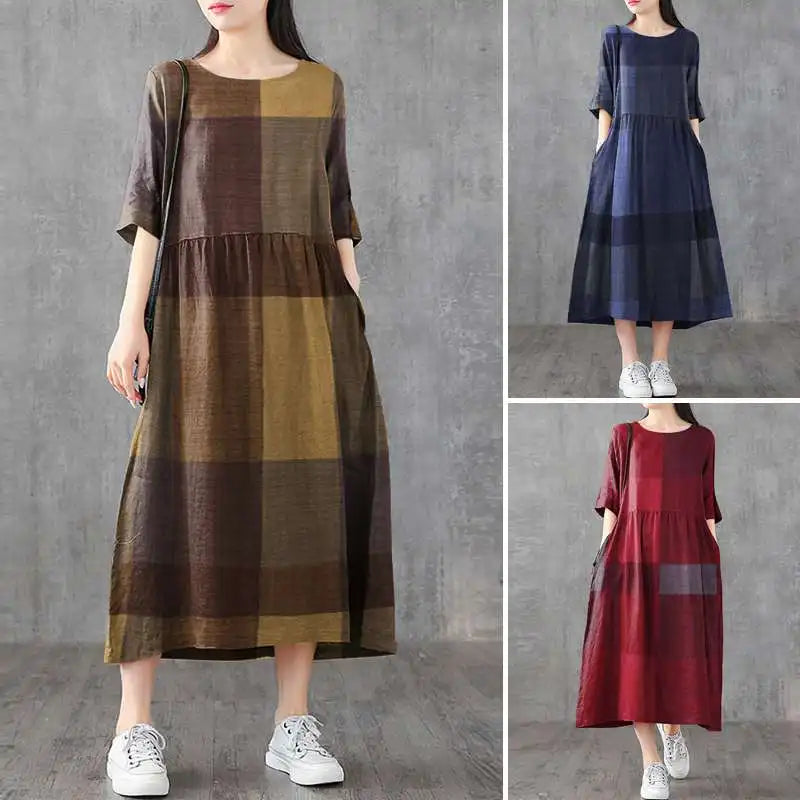 Summer Midi Female Vintage Plaid Check Casual Linen Dresses