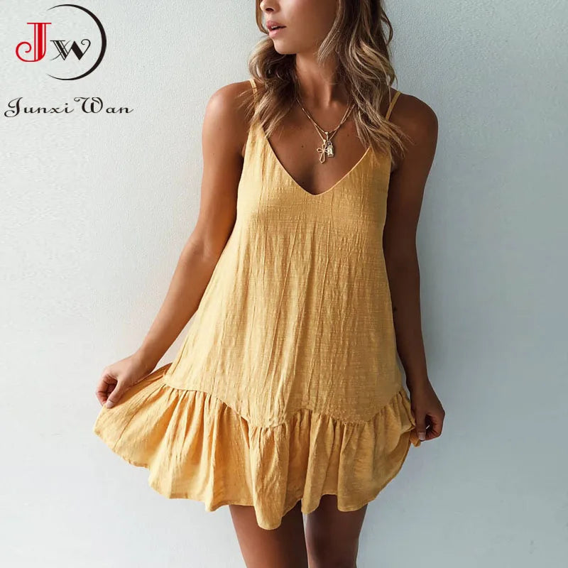 Summer Dress Solid V-Neck Ruffled Spaghetti Strap Mini Casual