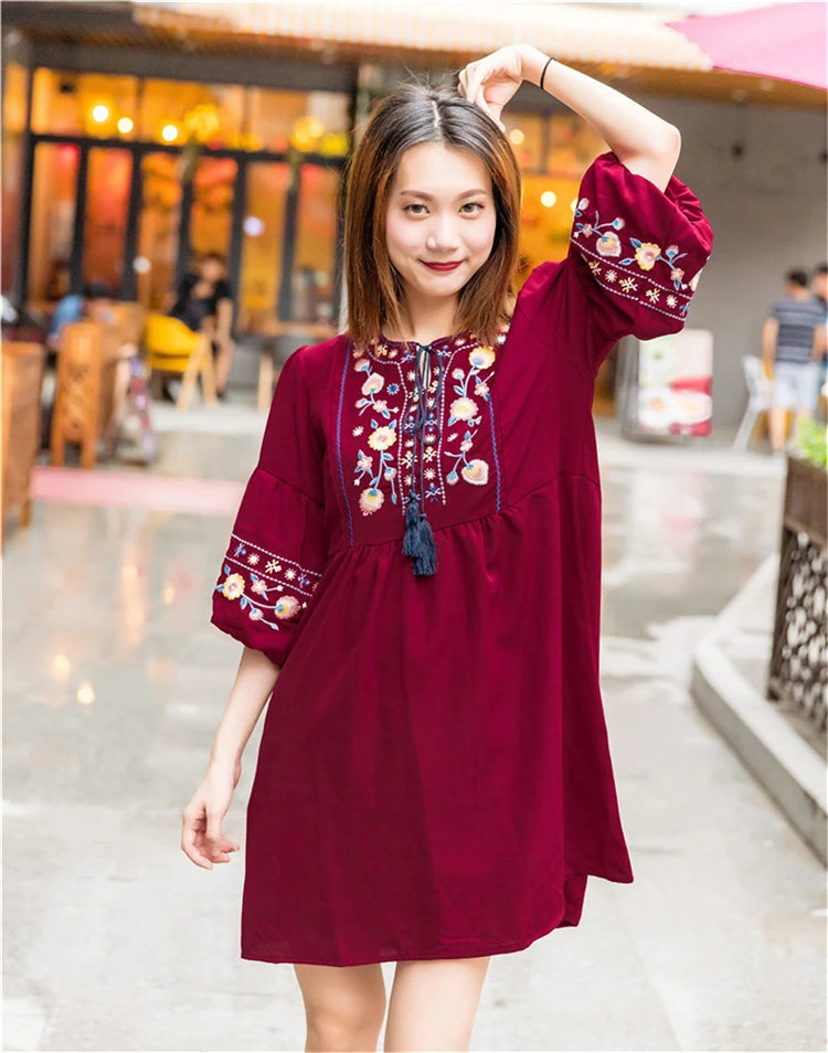 Women Vintage Floral Embroidery Dresses Bow Tie Lantern Long Sleeve Casual