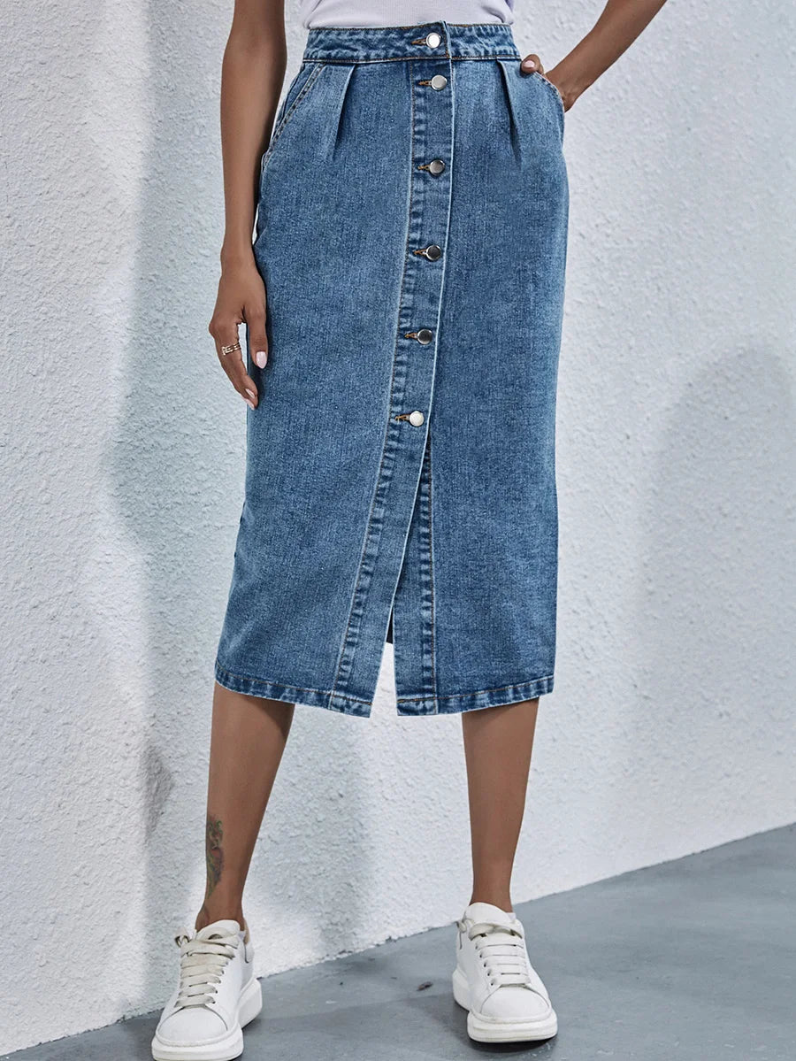 Single Breasted Knee Length Denim Skirt Streetwear Casual