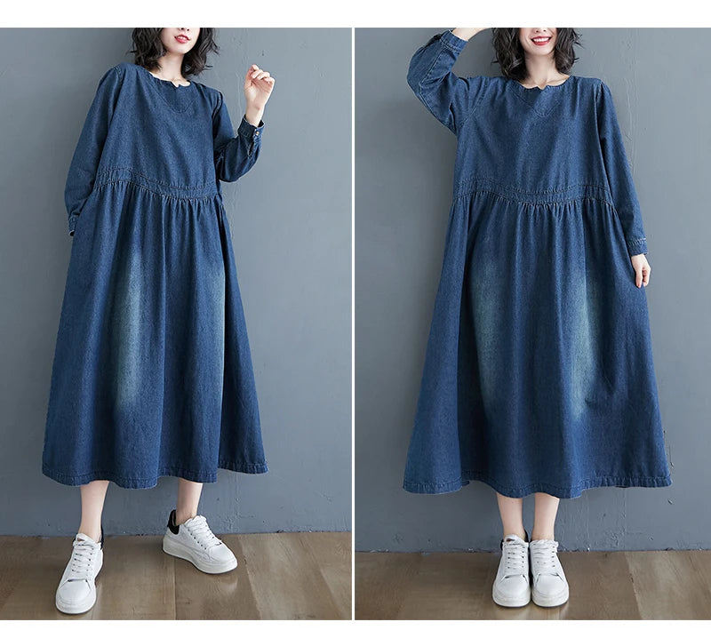 Patchwork Pleated Vintage Washed Women Denim Dresses With Pockets