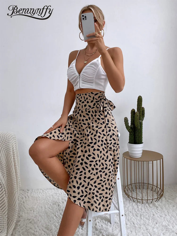 Boho Casual Print Tie Side Wrap Skirt Elegant High Waist