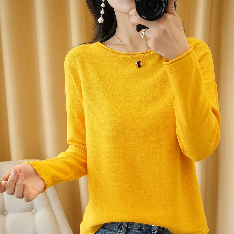 Knit Sweater Crimped Edge O-Neck Pullover Tops Clothes