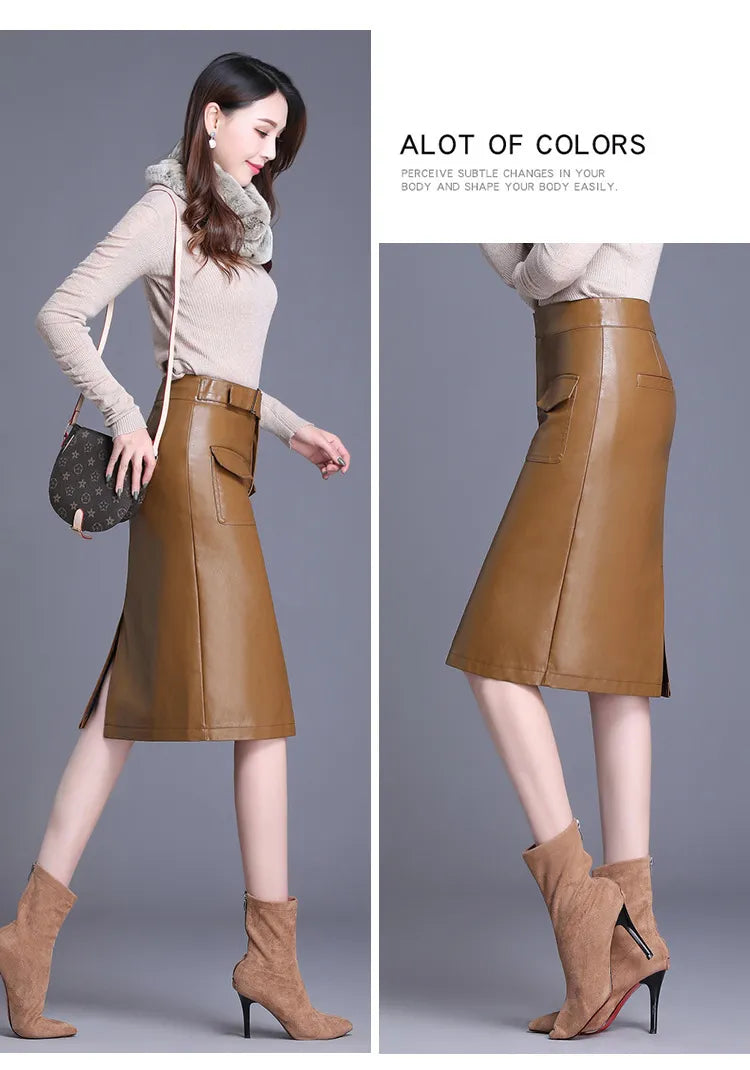 Straight Skirts Solid Color Casual PU Leather Knee Length