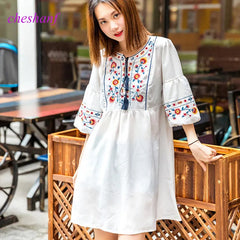 Women Vintage Floral Embroidery Dresses Bow Tie Lantern Long Sleeve Casual