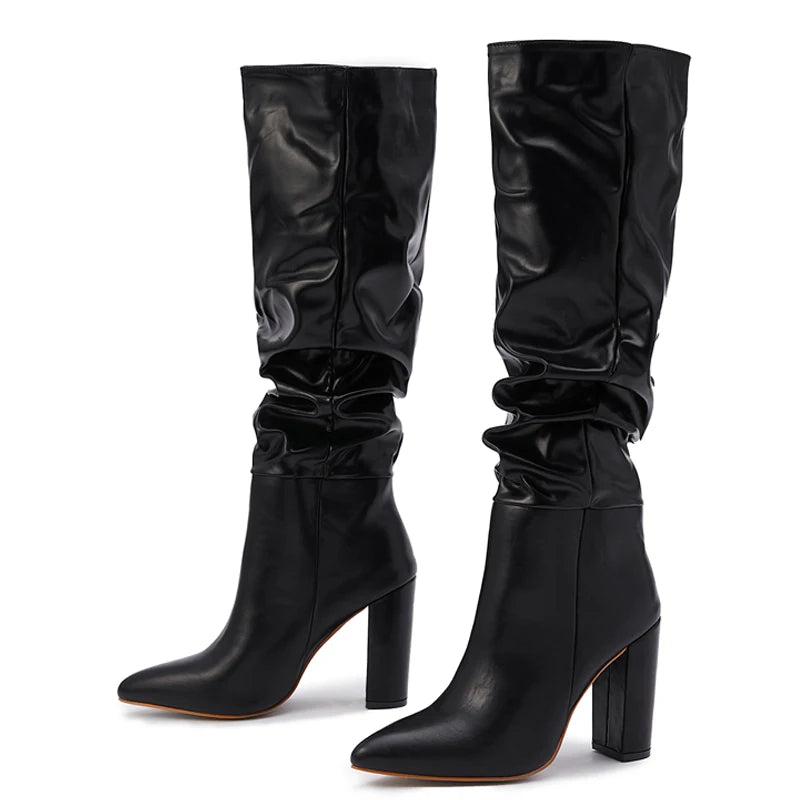 Fashion Knee High Boots Sexy Pointed Toe Square Heels