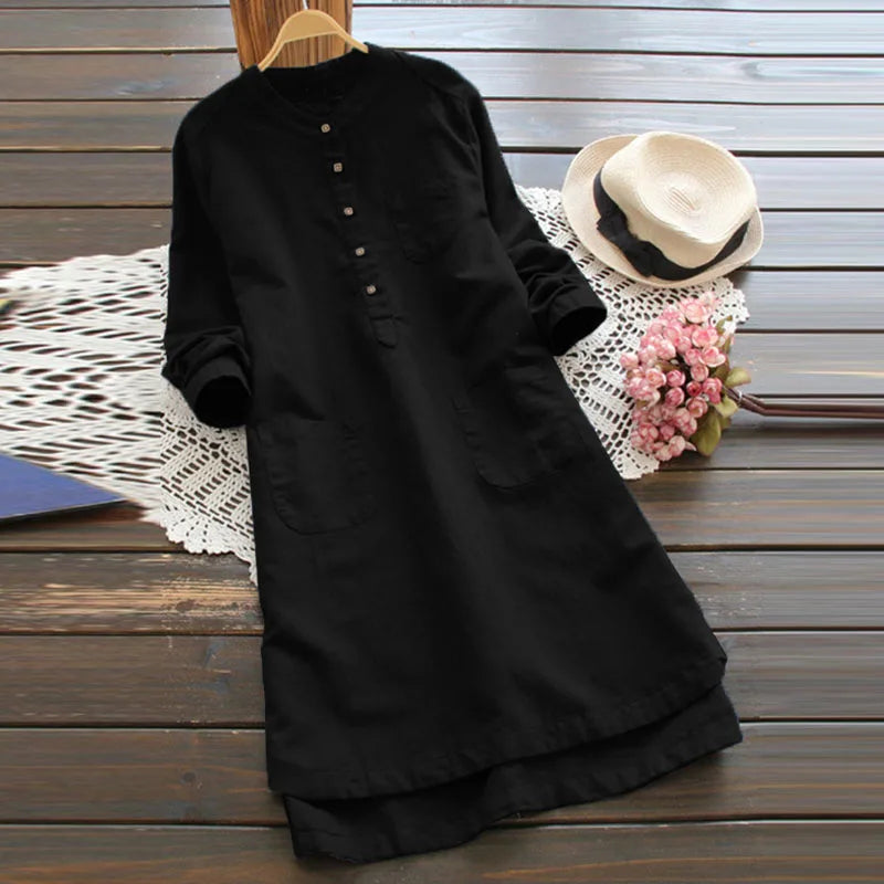 Vintage Long Sleeve Buttons Cotton Mini Shirt Dresses