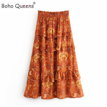 Boho Hippie Floral Print Ruffles High Elastic Waist Maxi A-Line  Skirt