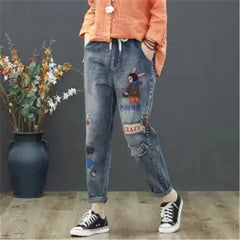 Elastic Waist Jeans Retro Jeans Female Girl Patch Pocket Embroidery