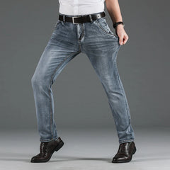 Classic Style Blue-grey Slim Jeans Elastic Regular Fit Denim Pants