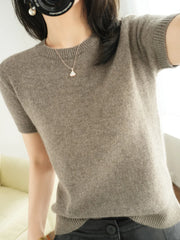 Short-sleeved Knitwear Women O-neck T-shirt Blend Pullover Sweater