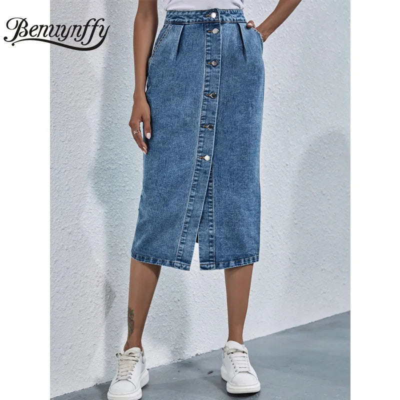 Single Breasted Knee Length Denim Skirt Streetwear Casual