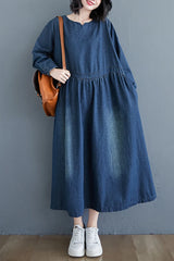 Patchwork Pleated Vintage Washed Women Denim Dresses With Pockets