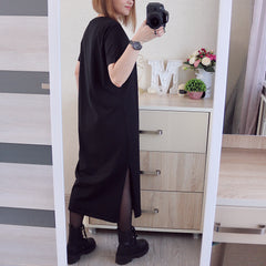 Casual Summer Women's Dresses Solid Short Sleeve Spilt Long Midi Dress