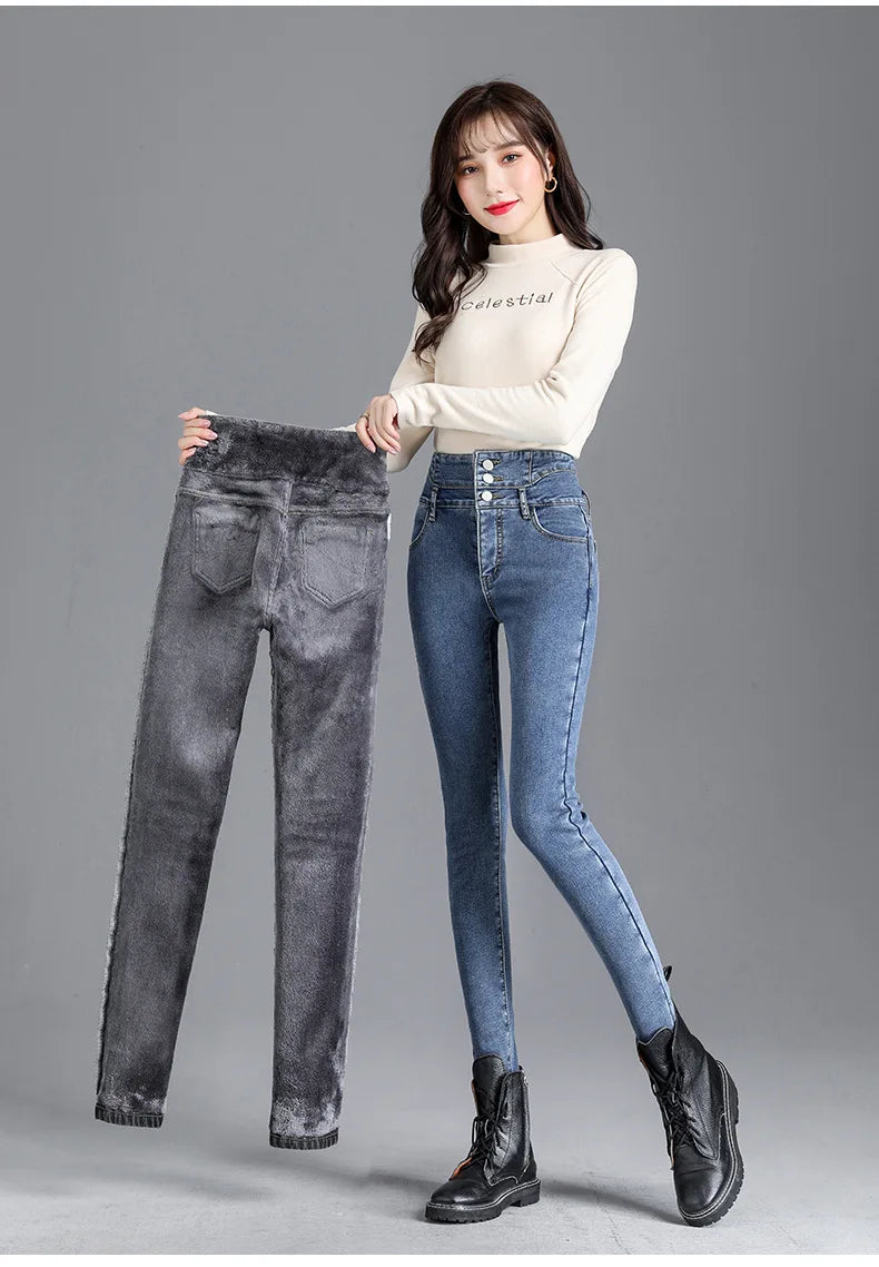 Thick Fleece High-waist Warm Skinny Jeans Stretch Button