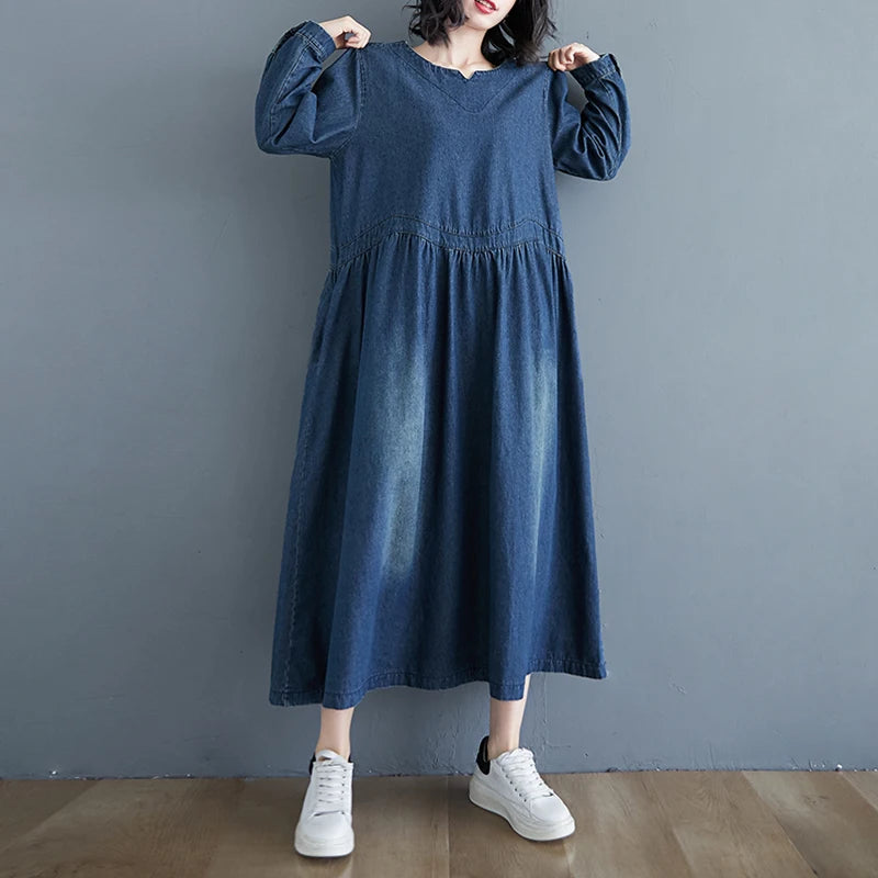 Patchwork Pleated Vintage Washed Women Denim Dresses With Pockets