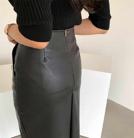 PU Leather Front Split Zipper Midi Pencil Skirt