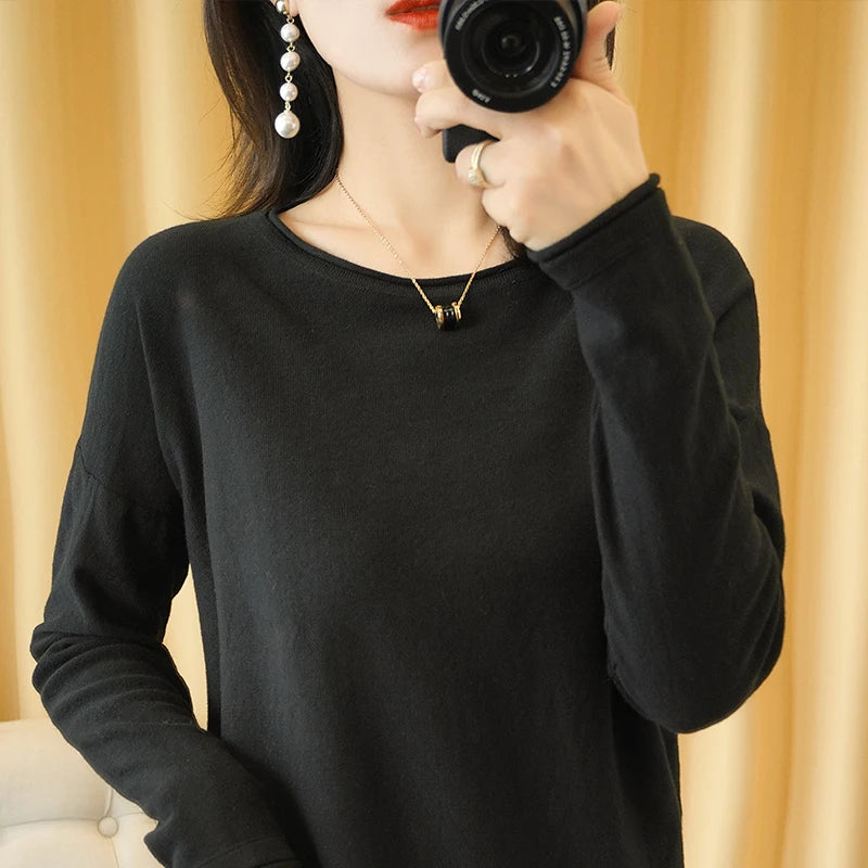 Knit Sweater Crimped Edge O-Neck Pullover Tops Clothes