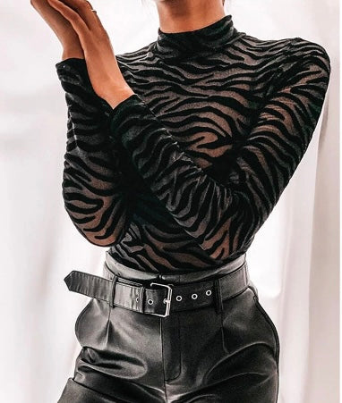 Leopard Print Fashion Push Up Bodysuit Long Sleeve Women Top