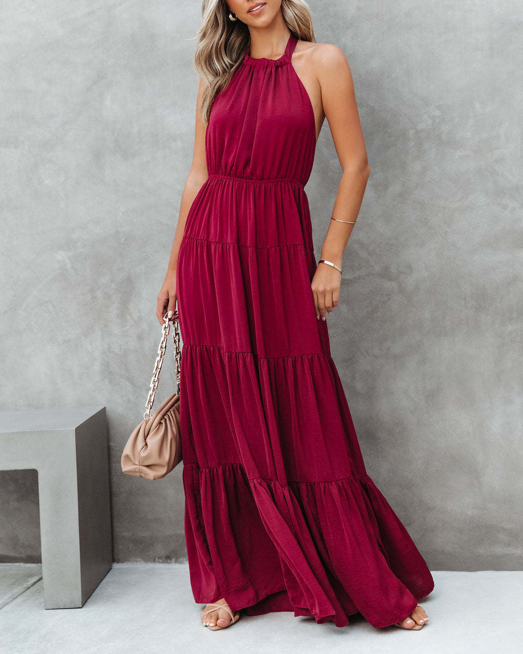 Solid Halter Neck Lace Up Pleated Long Dress