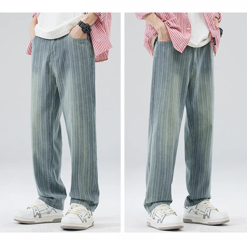 Classic Retro Stripes Men's Jeans Baggy Straight Denim Pants