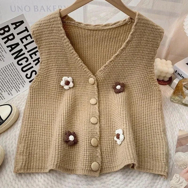 Vintage 3D Flower Sweater Vest Women Casual Sleeveless Single-breasted