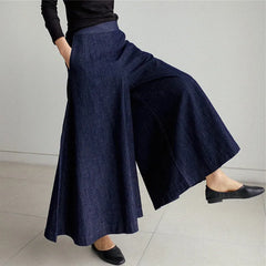 Women High Waist Over Length Jeans Pants Loose Trousers Pockets